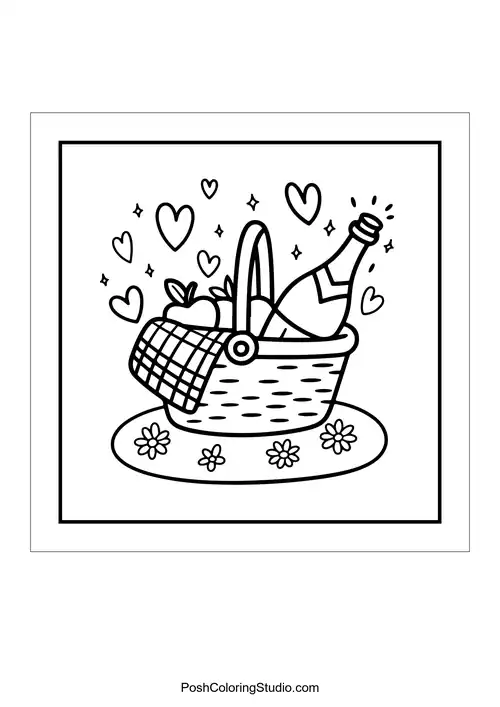 A picnic basket with a bottle and hearts.