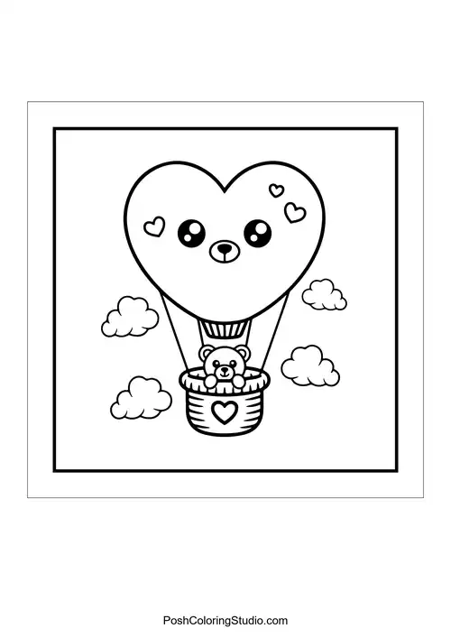 A bear in a heart-shaped hot air balloon surrounded by clouds.