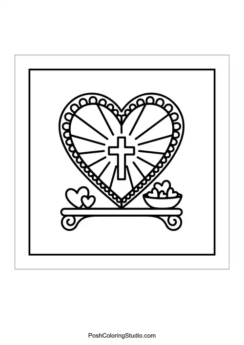 A heart with a cross and decorative elements surrounding it.