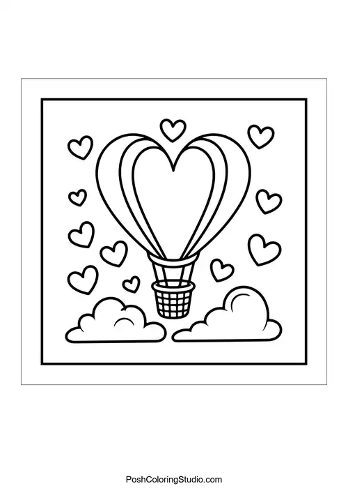 A heart-shaped hot air balloon surrounded by smaller hearts.