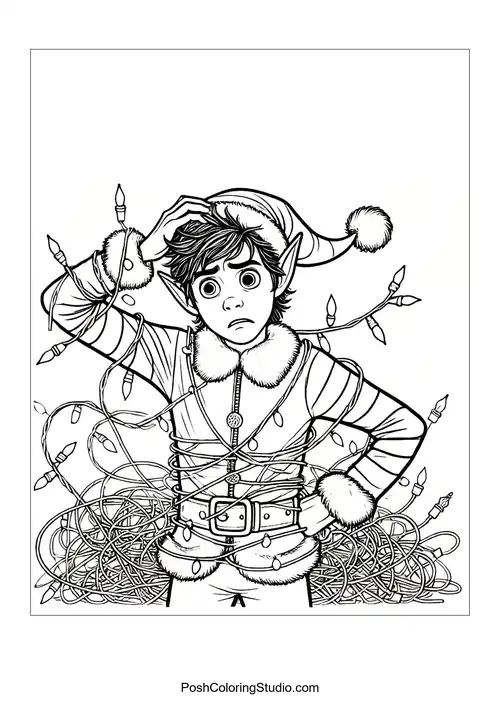 An elf tangled in Christmas lights, looking puzzled.