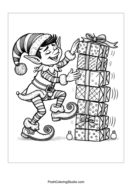 A happy elf stacking colorful gift boxes with excitement.