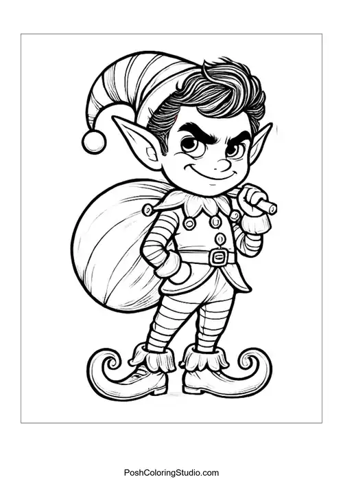 A mischievous elf holding a bag and a candy cane.