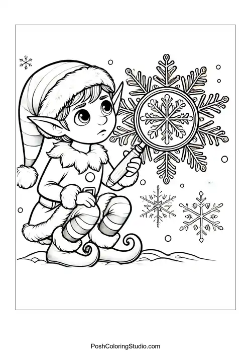 An elf gazing at a large snowflake with wonder.