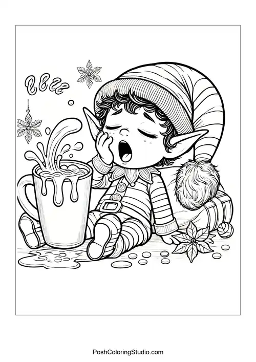 A sleepy elf yawning beside a mug of hot chocolate.
