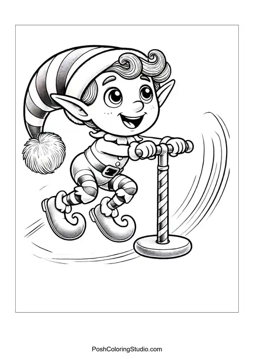 An elf joyfully riding a scooter with a big smile.