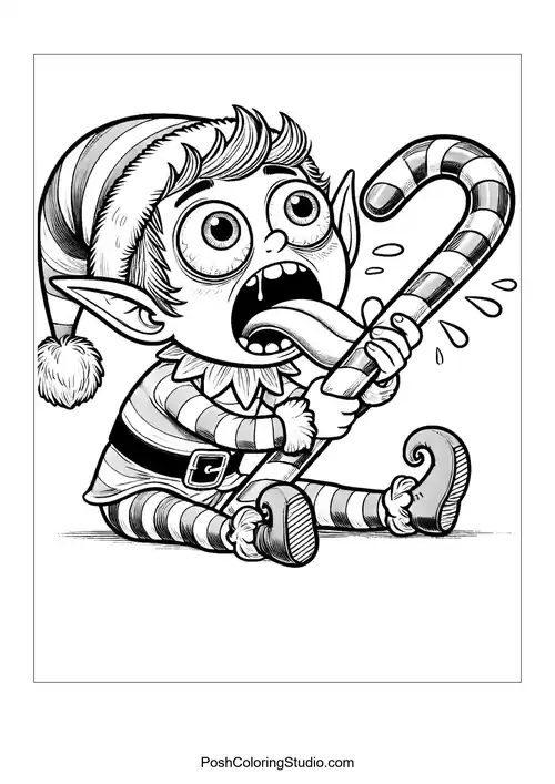 An elf with wide eyes licking a giant candy cane.