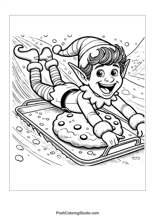 A cheerful elf sledding on a tray with a cookie.