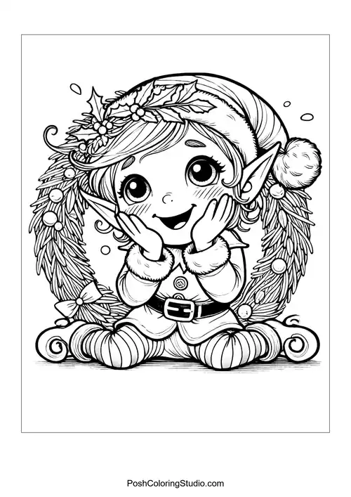 An elf smiling while sitting inside a wreath.