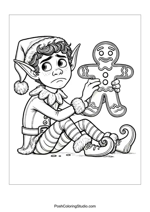 A sad elf holding a gingerbread man with a frown.