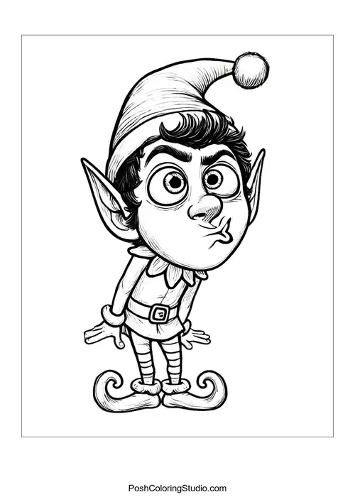 An elf with a cheeky expression standing with hands on hips.
