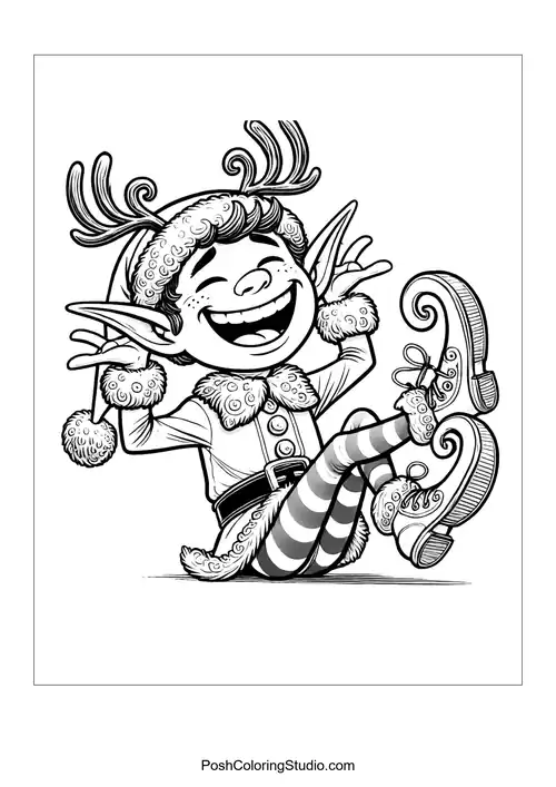 A joyful elf laughing while wearing reindeer antlers.