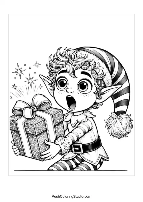 An excited elf holding a wrapped gift with wide eyes.