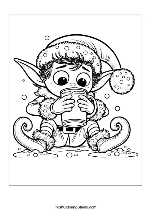 An elf curiously inspecting a cup while sitting on the ground.