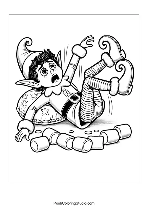 An elf falling backward while surrounded by marshmallows.