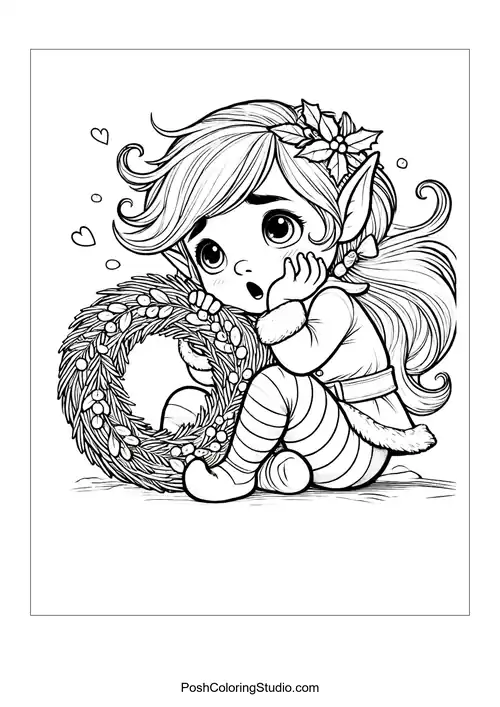 A surprised elf girl holding a wreath with hearts around her.