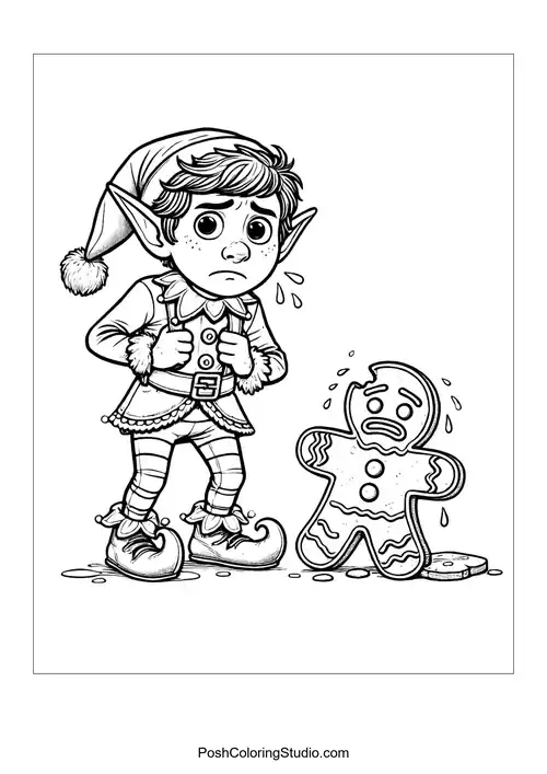 A worried elf stands beside a sad gingerbread man.