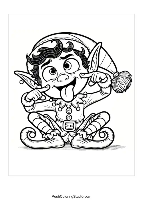 A playful elf sticks out his tongue while sitting.
