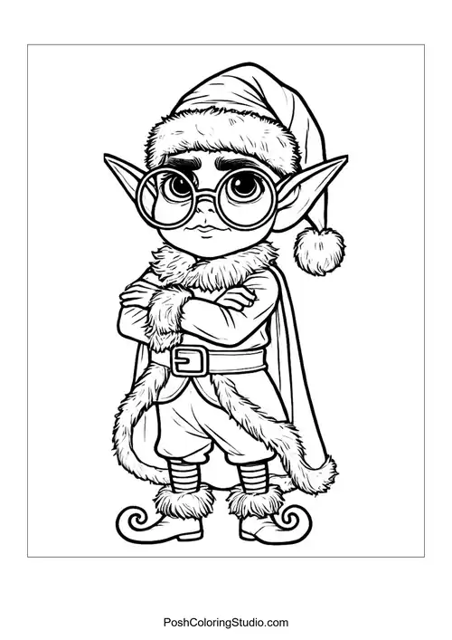 An elf holding a sock with a displeased expression.