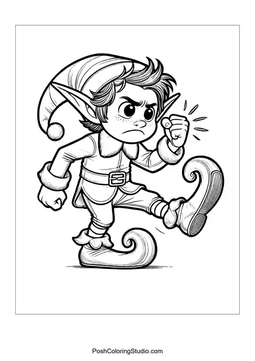 An angry elf stomps with a determined expression.