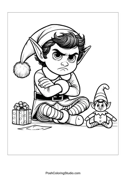 An upset elf sits with a toy and a gift beside him.
