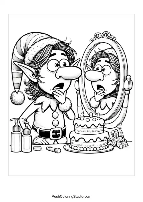 An elf gazes at his reflection in a mirror with surprise.