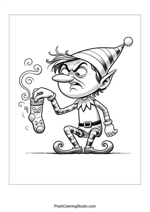 An elf examines a sock with a displeased expression.