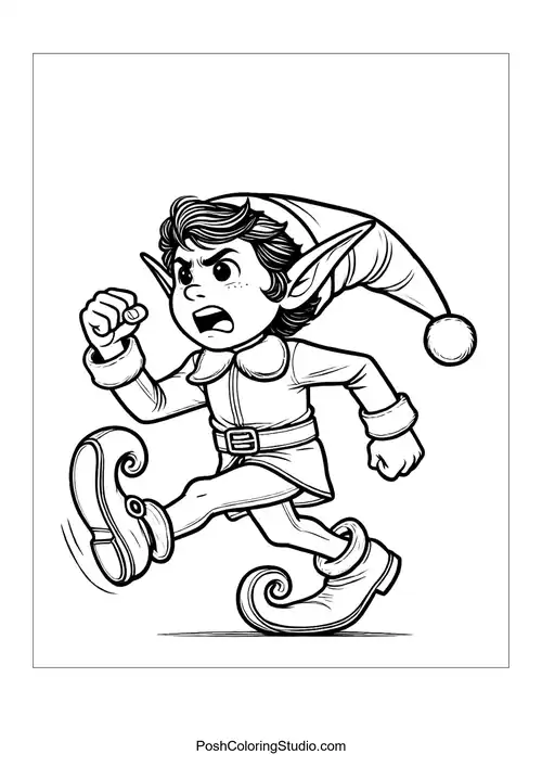 An elf runs with a determined expression and a raised fist.