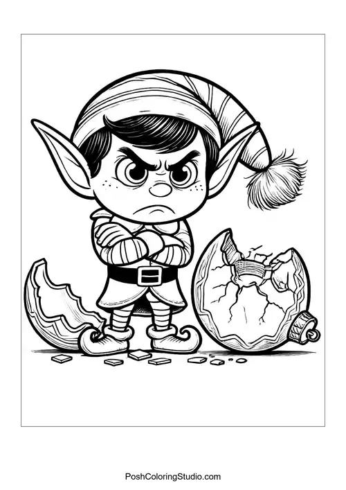 An angry elf stands beside a broken egg with shards.