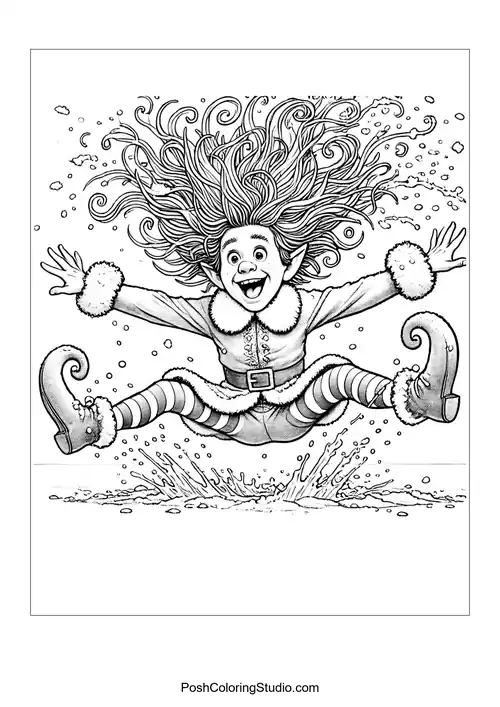 A joyful elf jumps in the air with flowing hair.