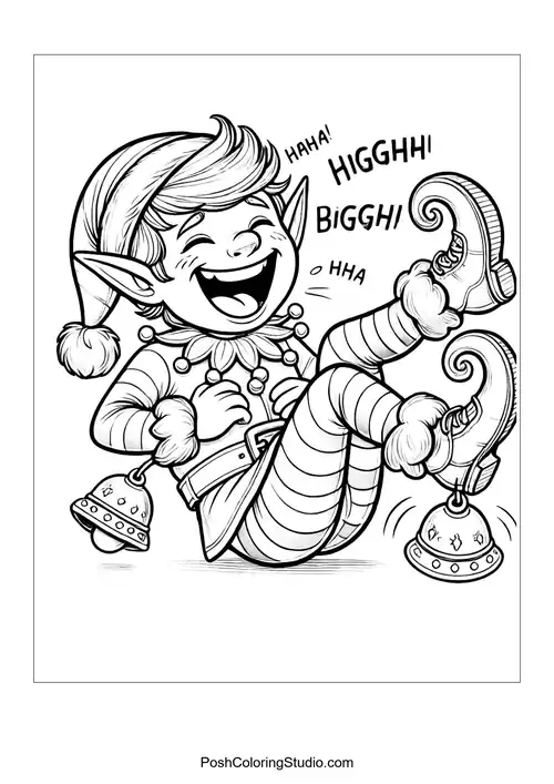 A cheerful elf shakes bells while laughing.