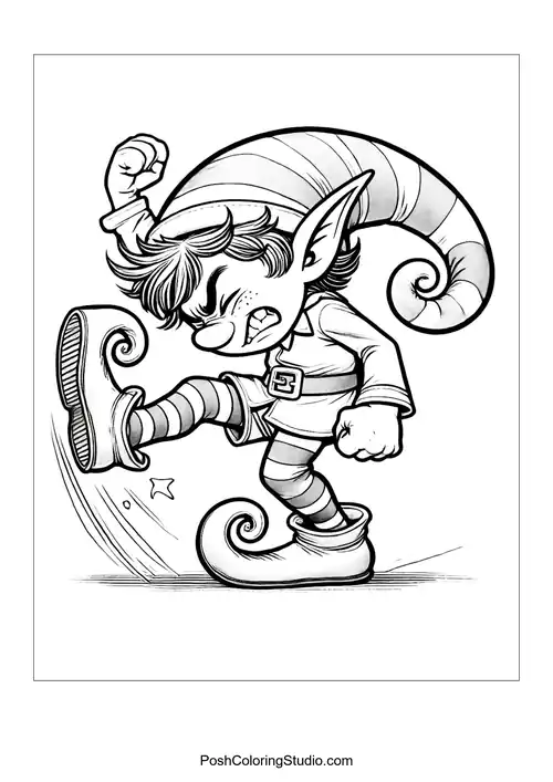 An elf stomps his foot in frustration with a frown.