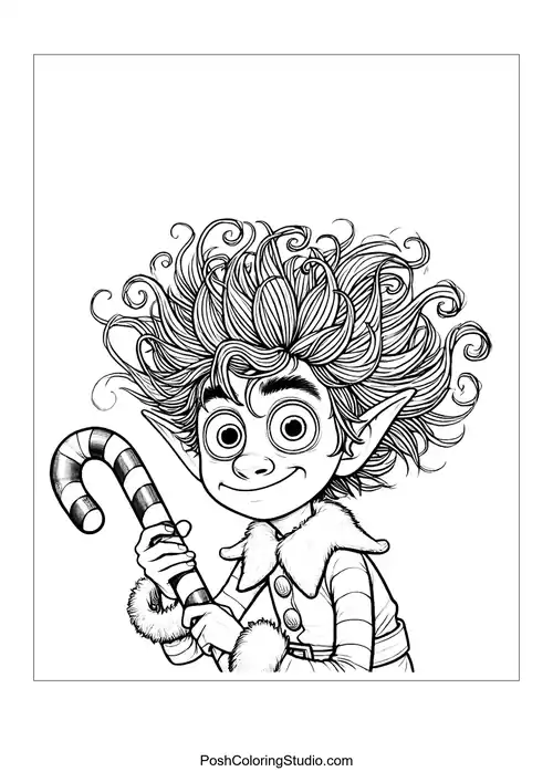 An elf holds a candy cane with a big smile.