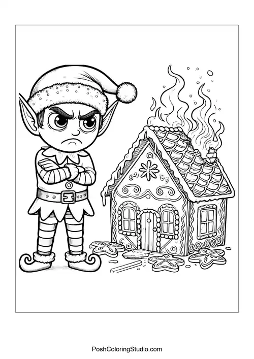 An angry elf stands with arms crossed beside a burning house.