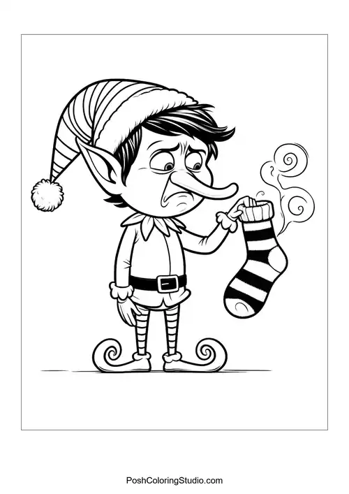 An elf looks at a striped sock with a sad expression.