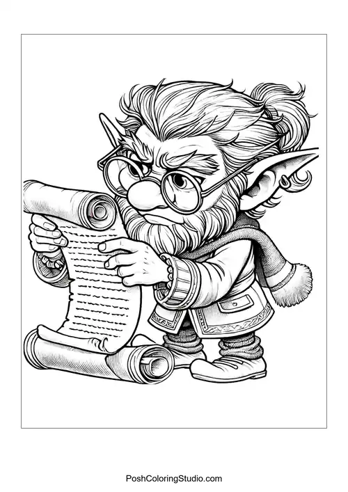 A whimsical elf holding a scroll with a playful expression.