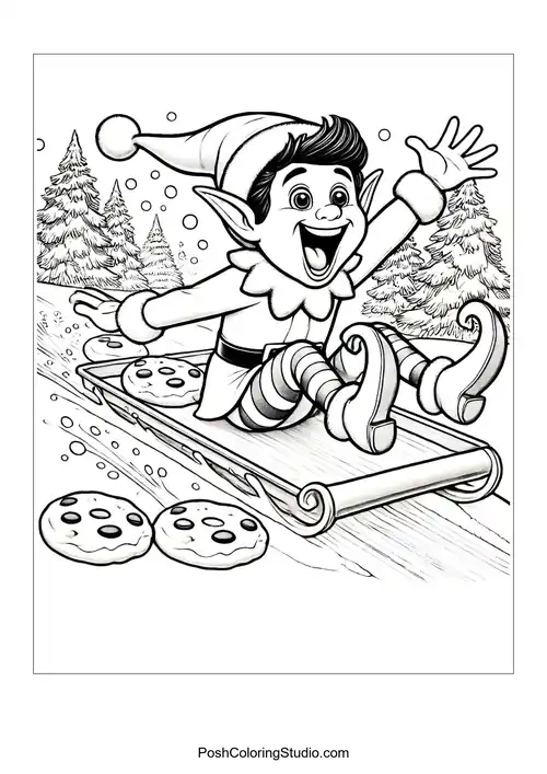 A cheerful elf sledding down a snowy hill with cookies nearby.