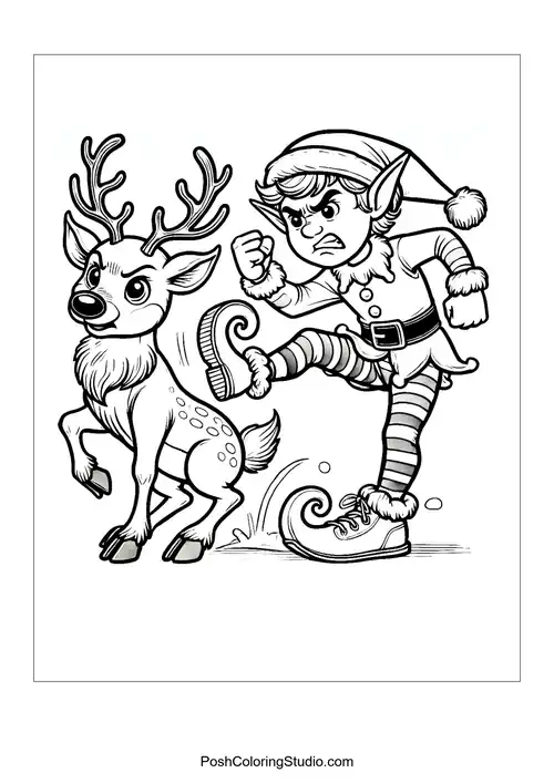 An angry elf kicking a reindeer while wearing a festive hat.