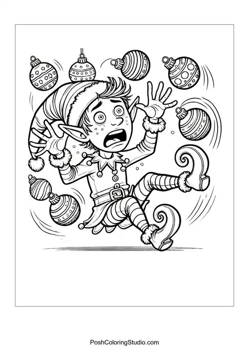 A startled elf juggling ornaments with a worried expression.