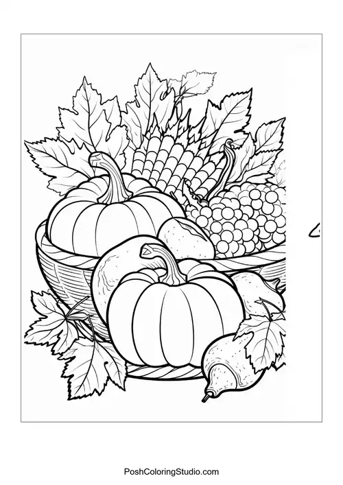 A basket filled with fruits and decorative elements.