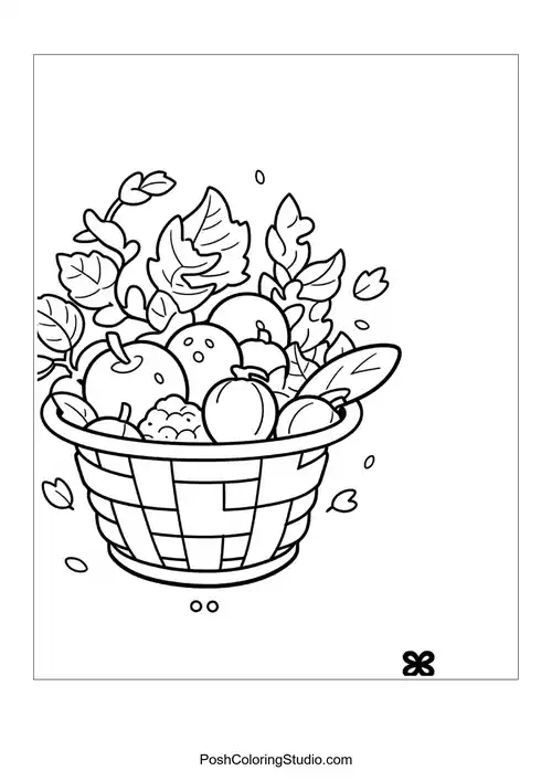 A basket filled with pumpkins and corn.