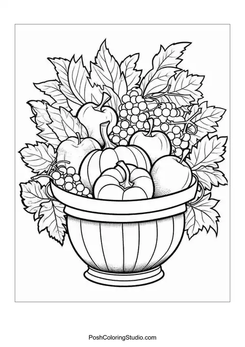 A basket filled with various fruits and leaves.