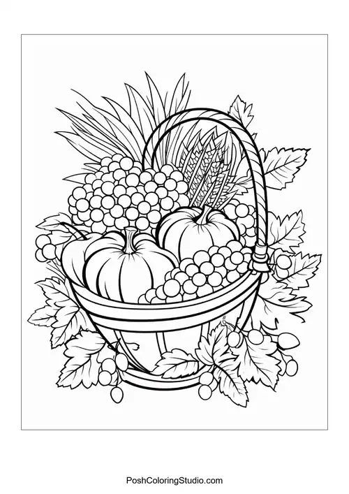 A basket overflowing with pumpkins and corn.