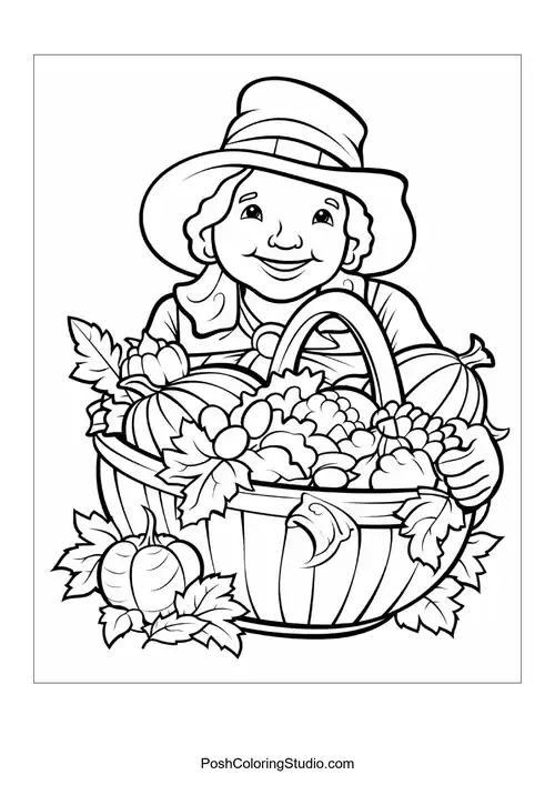 A smiling figure holding a basket of harvest.