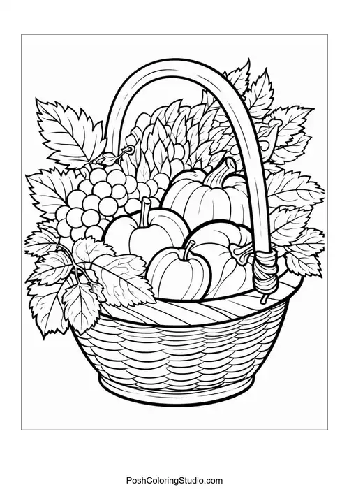 A woven basket filled with fruits and leaves.