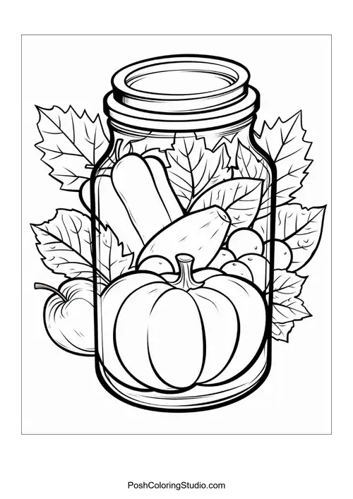 A jar filled with seasonal vegetables and fruits.