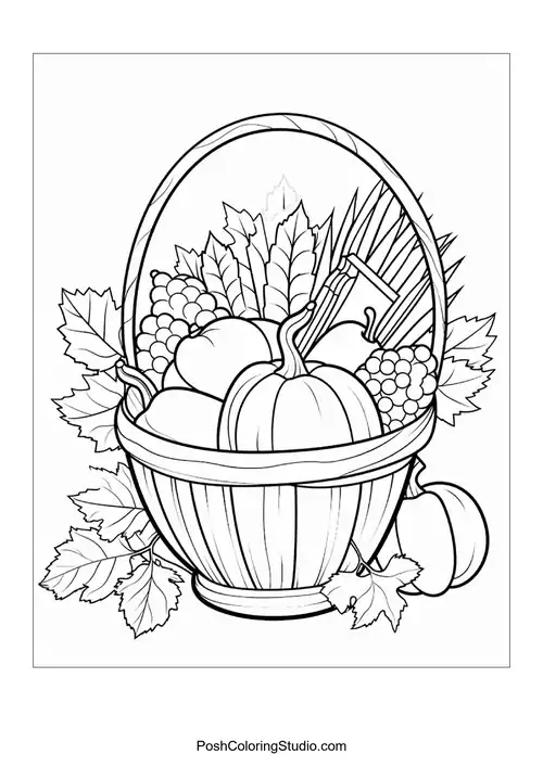A basket filled with fruits and a garden tool.