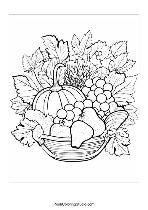 A basket brimming with assorted fruits and vegetables.