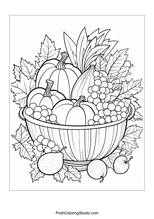 A bowl filled with various fruits and leaves.