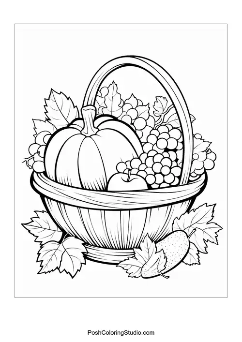 A basket filled with pumpkins and grapes.
